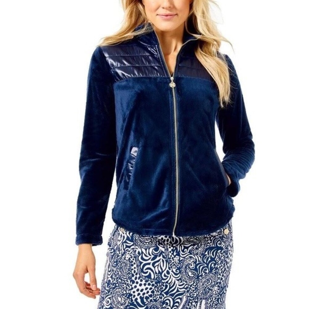Lilly Pultizer Leona Navy Plush Zip Up Fleece Jacket Size XXS.